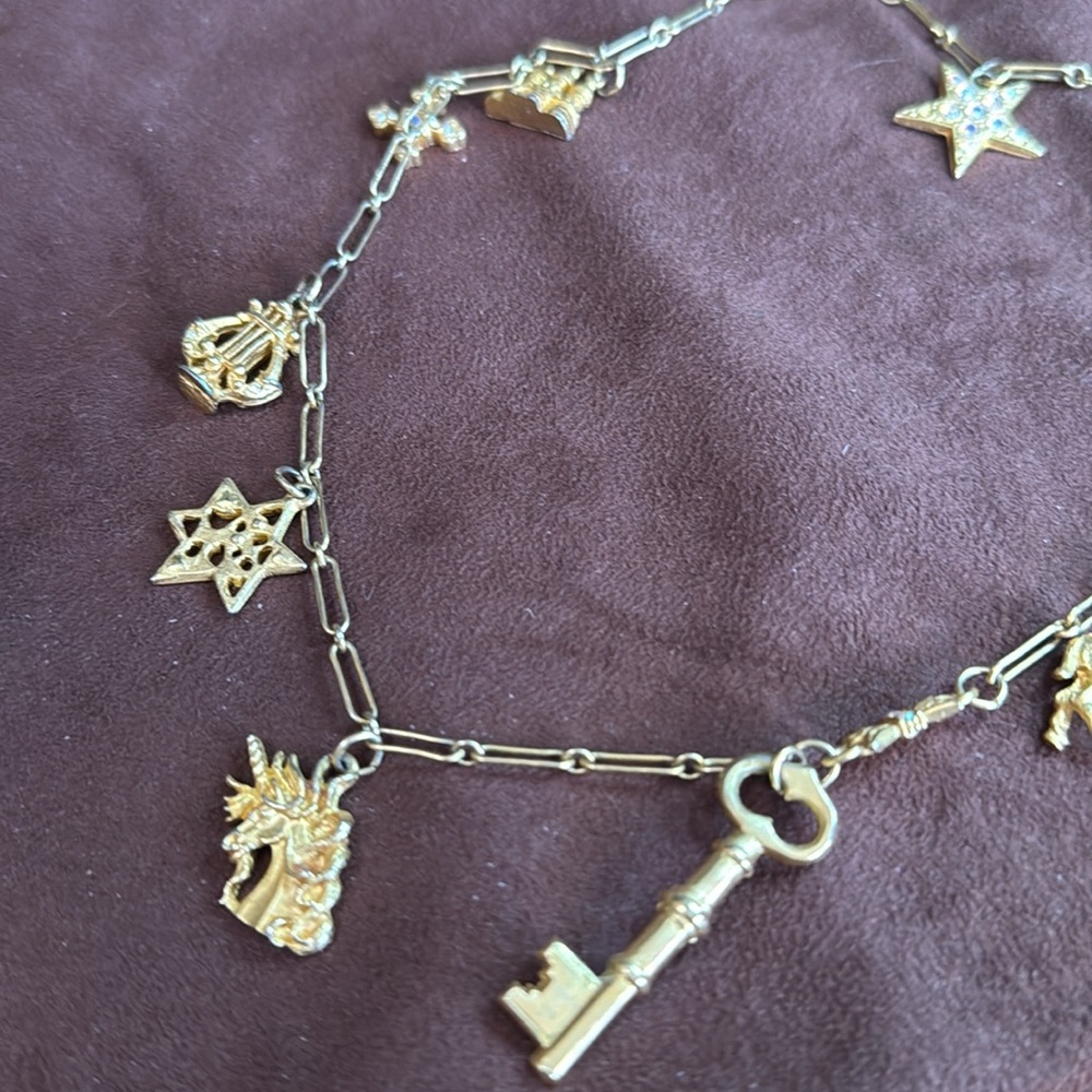 Kirks Folly Long Gold Charm Necklace with Aurora Borealis Crystal Accents cupids - Picture 4 of 5